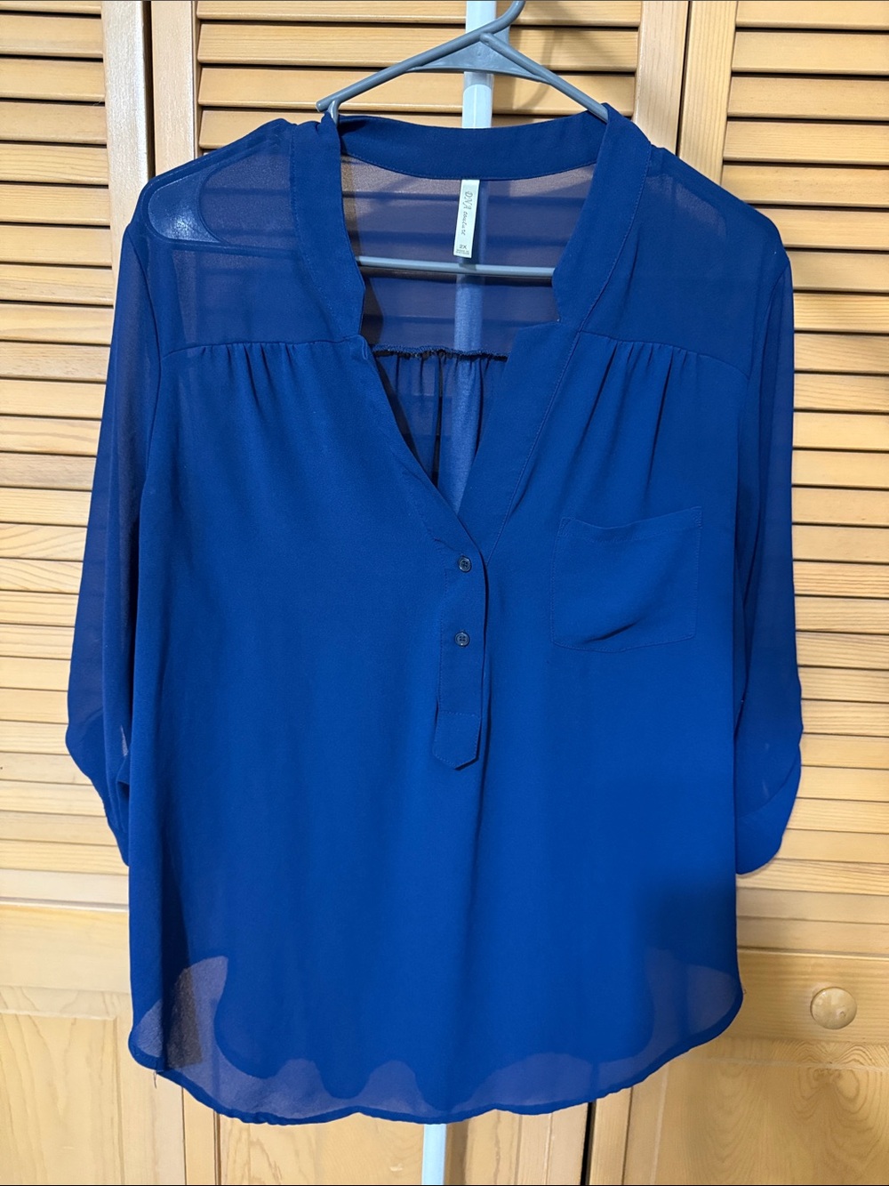 DNA couture Royal Blue Sheer Panel V-Neck Blouse with Pocket
